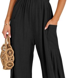 ANRABESS Women Summer Casual Dressy Sleeveless Smocked Wide Leg Linen Jumpsuits Rompers 2025 Trendy Travel Outfit Pocket