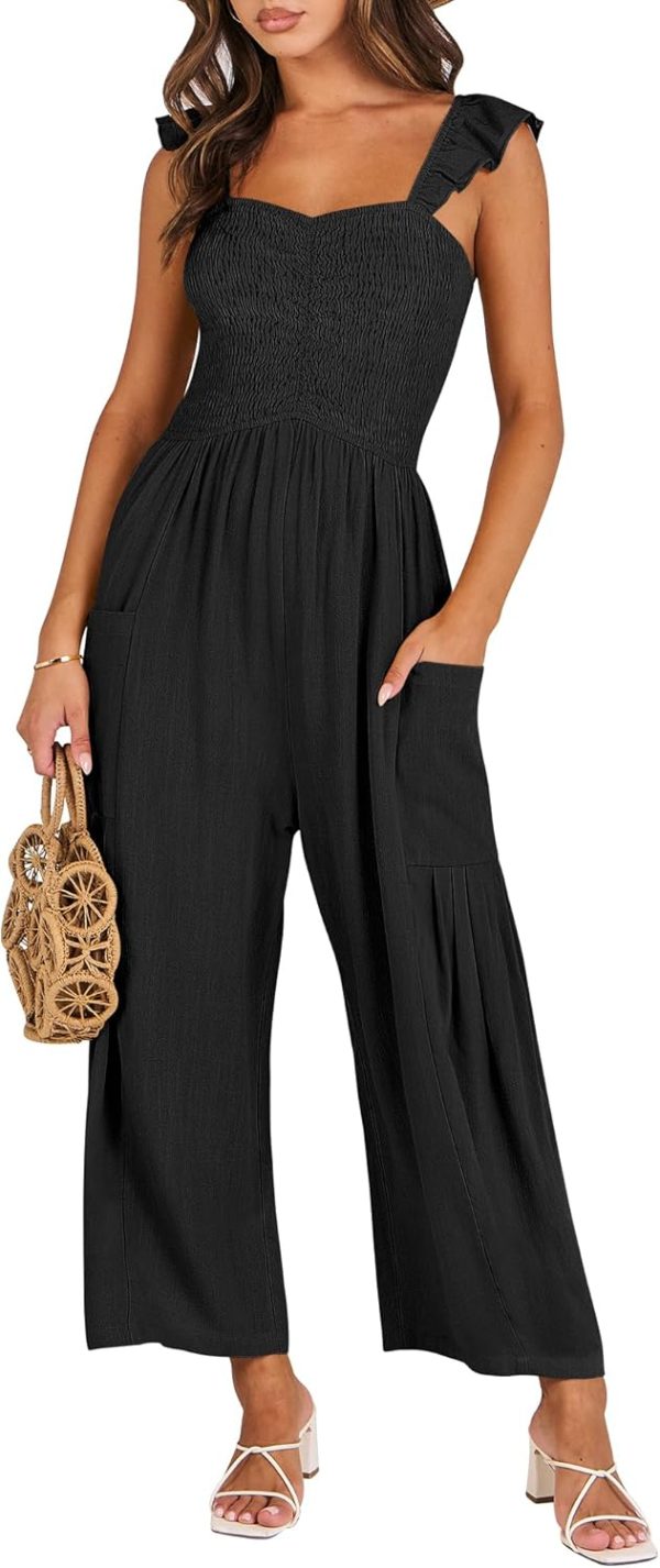ANRABESS Women Summer Casual Dressy Sleeveless Smocked Wide Leg Linen Jumpsuits Rompers 2025 Trendy Travel Outfit Pocket
