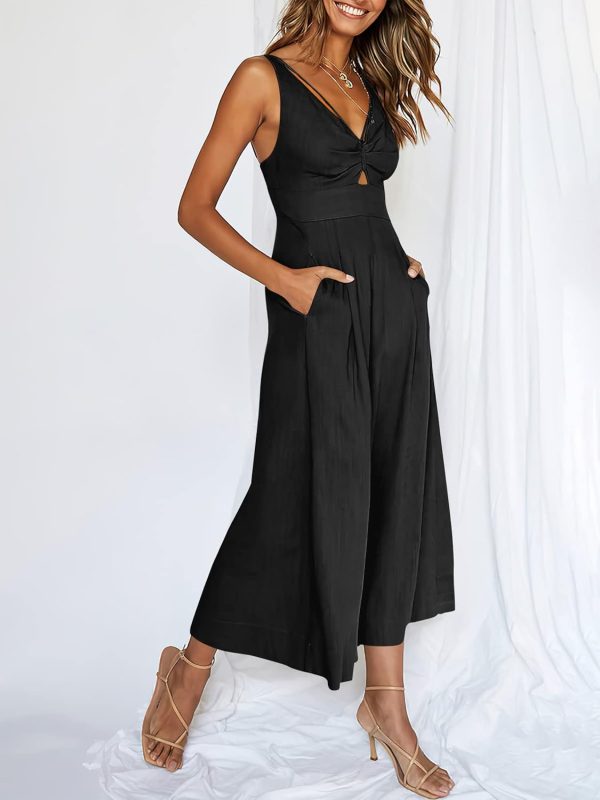 ANRABESS Women's Jumpsuits Summer Wide Leg Sleeveless V Neck Casual Dressy Linen Pants Rompers 2025 Vacation Beach Outfits - Image 4