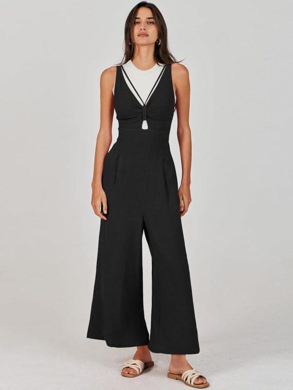 ANRABESS Women's Jumpsuits Summer Wide Leg Sleeveless V Neck Casual Dressy Linen Pants Rompers 2025 Vacation Beach Outfits - Image 5