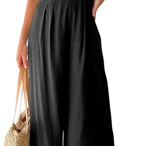 ANRABESS Women's Summer Straps One Shoulder High Waist Dressy Casual Wide Leg Linen Jumpsuit Romper Beach Travel Outfits