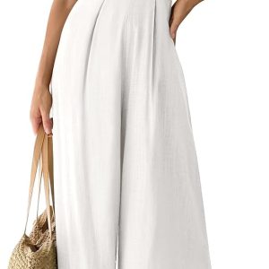 ANRABESS Jumpsuits for Women Summer Dressy Casual Linen Romper Sleeveless V Neck High Waist Wide Leg Beach Vacation Outfits